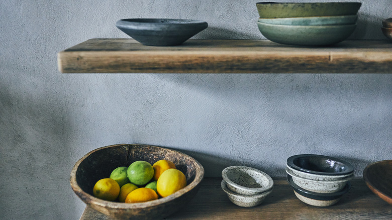 Rustic shelves and pottery