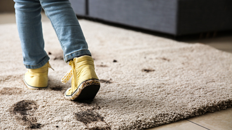 Little girl leaving carpet muddy