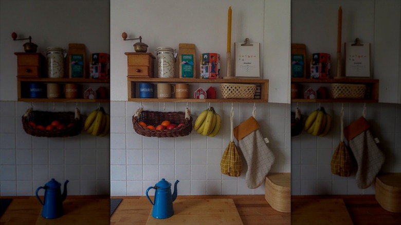 Open DIY shelving with hooks