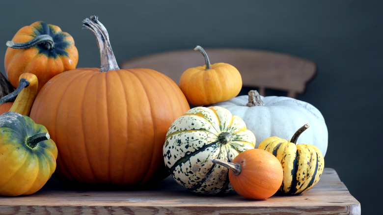 Assorted pumpkins on table