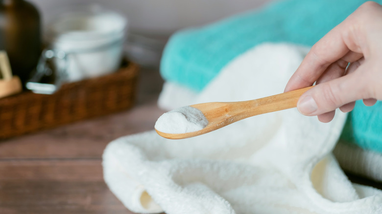 Powdered laundry product in spoon