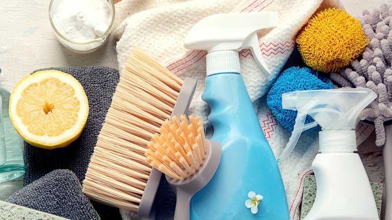 cleaning tools, rags, and products