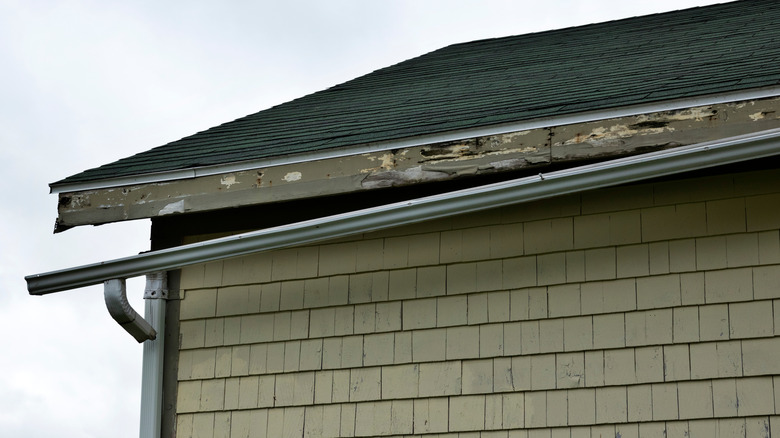 Damaged gutter hanging from roof