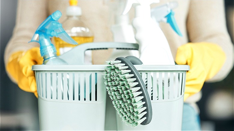 Gloved hands holding cleaning tote