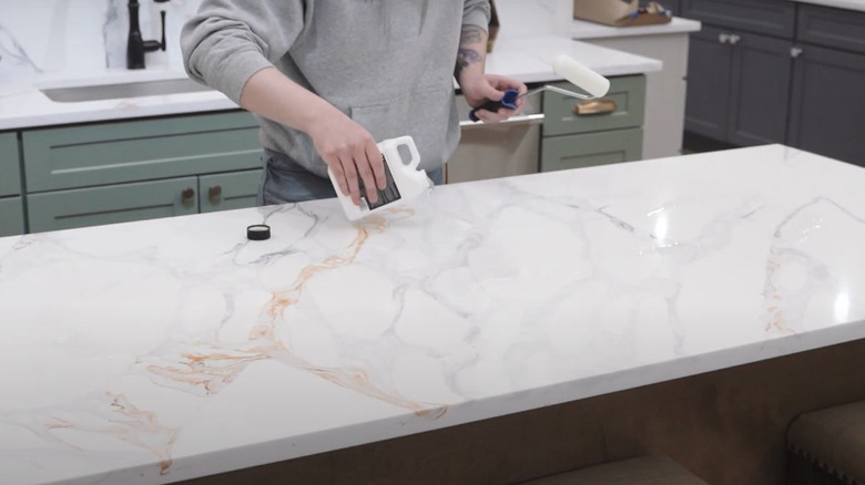 Quartz countertop being sealed