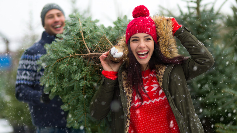 couple carrying real Christmas tree