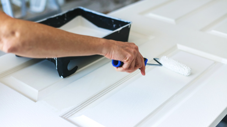 person painting a door