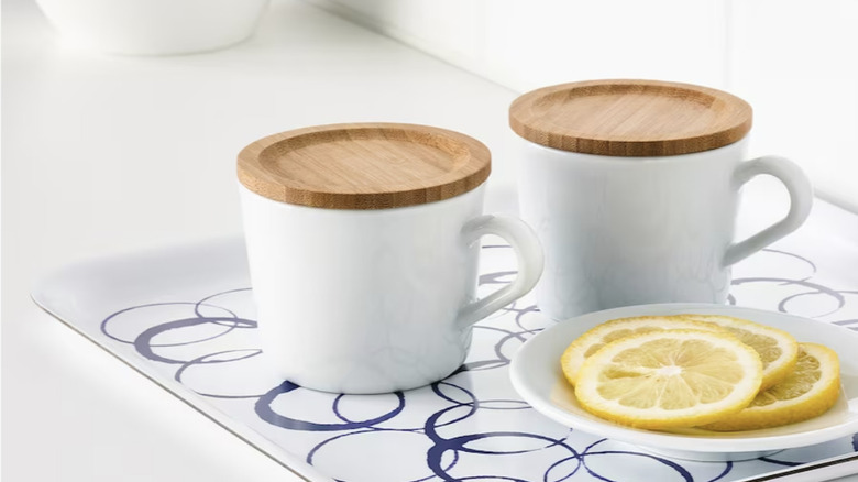 Ikea coasters on top of mugs