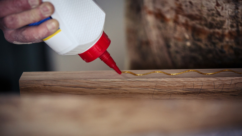 A person applies wood glue using a bottle with a thin nozzle