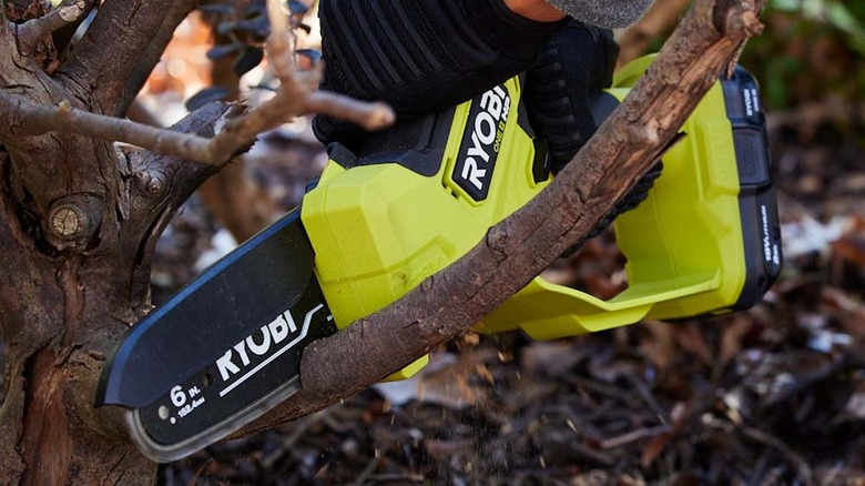 pruning with Ryobi mini chainsaw