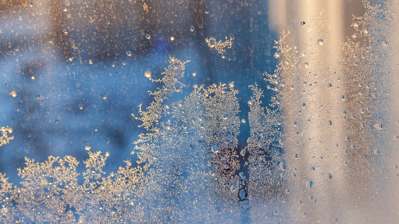 drafty window covered with frost