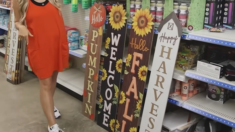 Woman standing beside fall signs