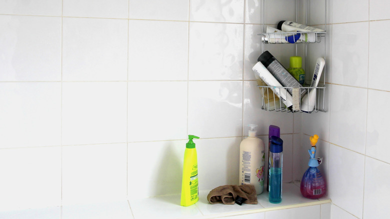 A small shower with clutter