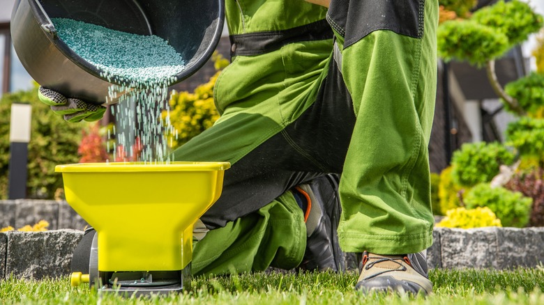 Person loading a lawn spreader