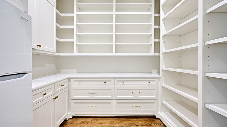 large walk-in pantry with white shelves and cabinets