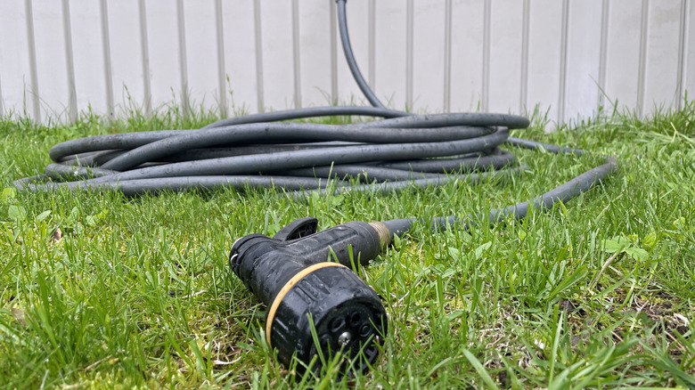 A black garden hose coiled in yard