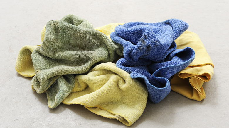 colorful rags on tan counter