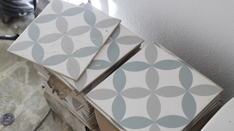 piles of ceramic tile with a blue and gray pattern