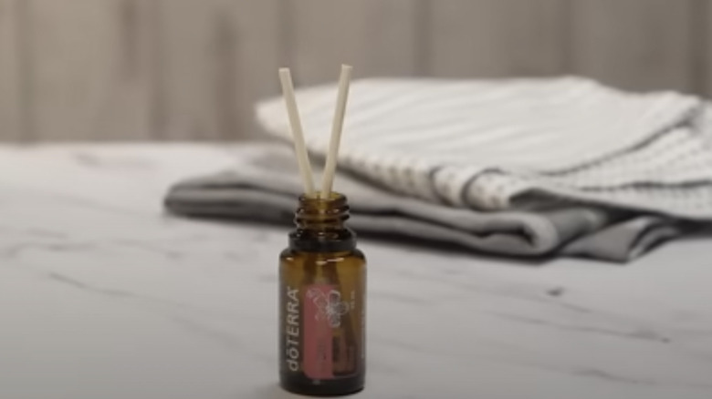 Essential oil bottle with diffuser reeds inside.