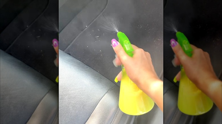 A person using a spray bottle in a car