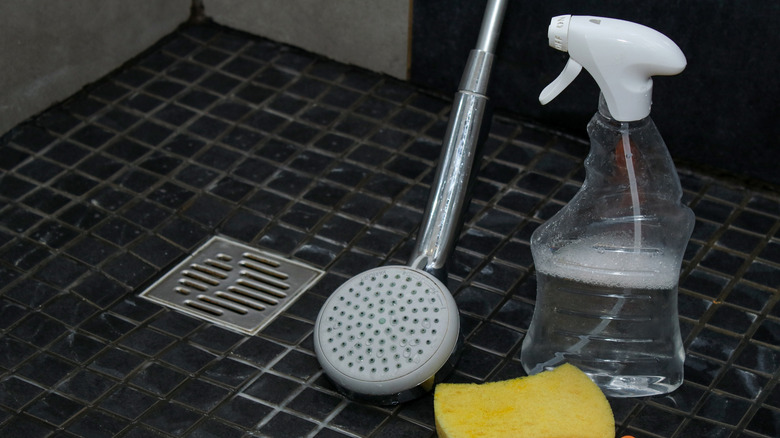 Woman spraying DIY shower cleaner in a shower