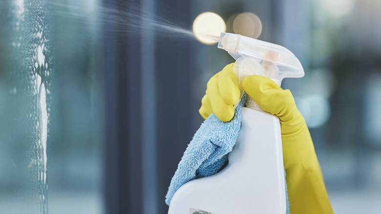 Close-up of a rubbergloved hand spraying a spray bottle