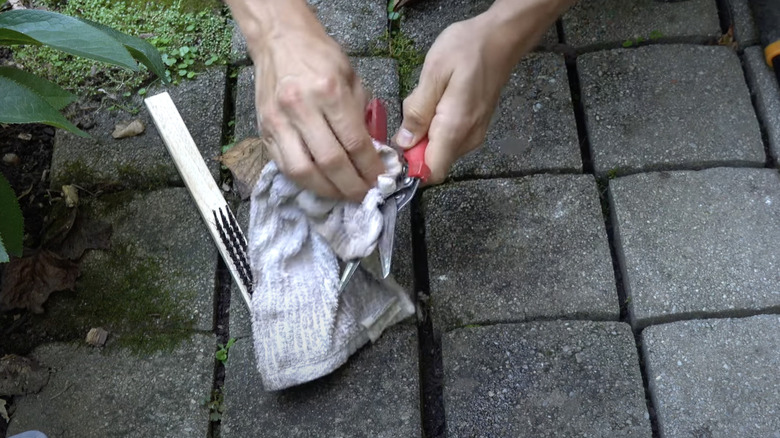 A man cleans his garden tools using an old microfiber cloth