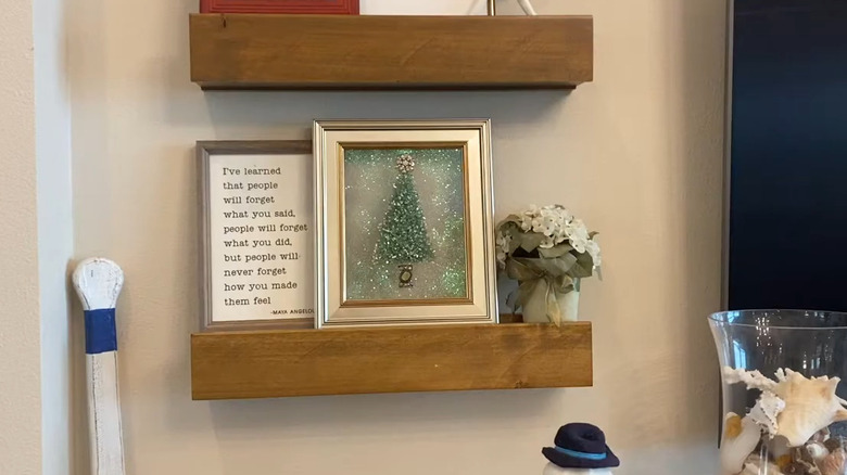 Framed Christmas tree art made of broken glass