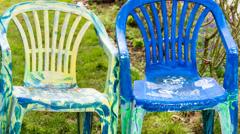 Messy paint on plastic chairs