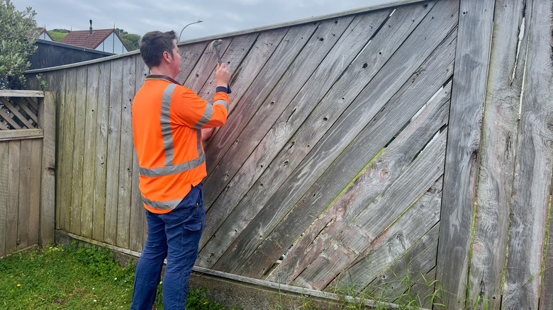 Man nailing a wooden fence in yard