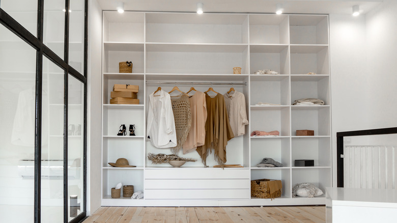 room with organized open closet in neutral colors