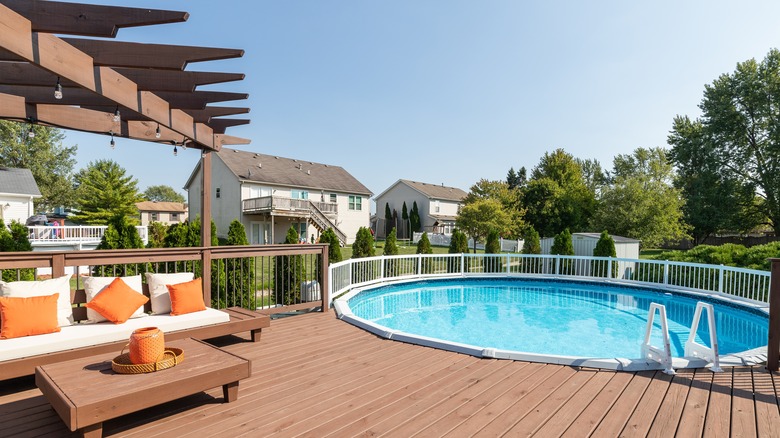 above-ground pool deck with pergola