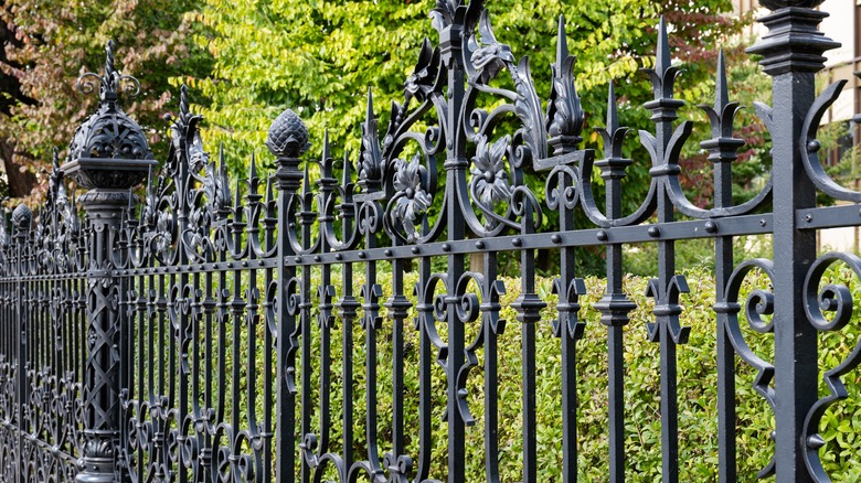 A wrought iron fence infront of a property