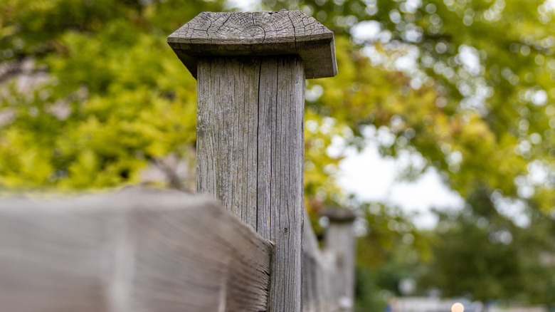 A weathered old-style wooden fence post cap sitting on a matching post