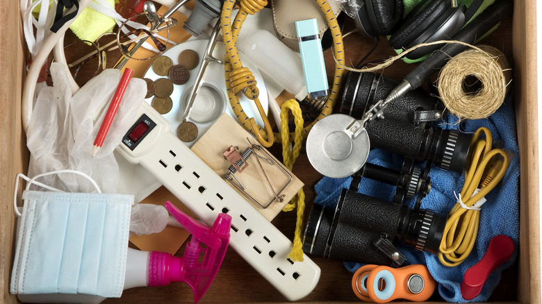 Very messy drawer filled with miscellaneous items