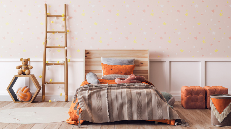 wood headboard in kid's room