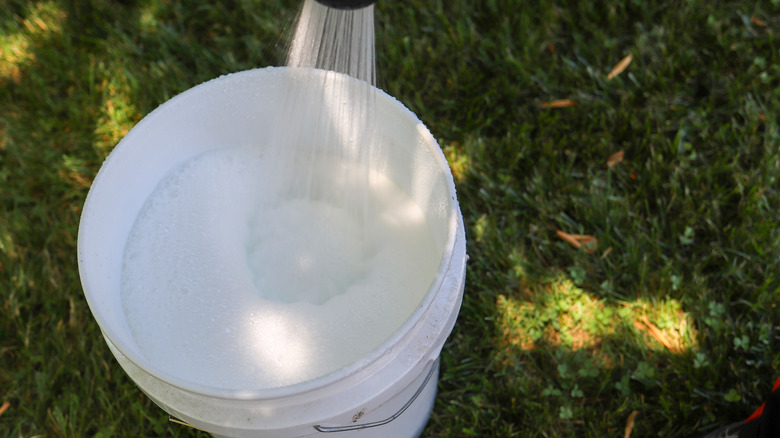 a hose filling up a bucket of soapy water