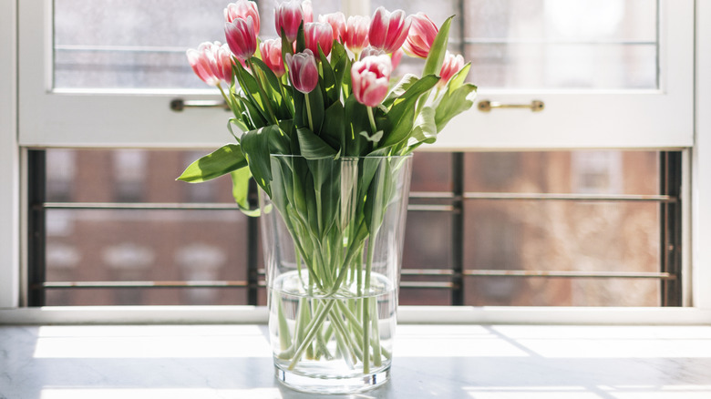 A glass vase holding pink flowers