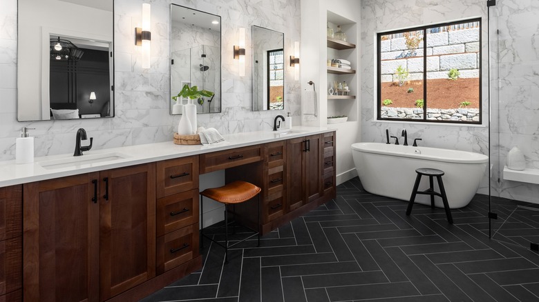 Wood shaker cabinets in bathroom