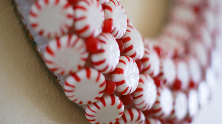 peppermint candy wreath hanging 