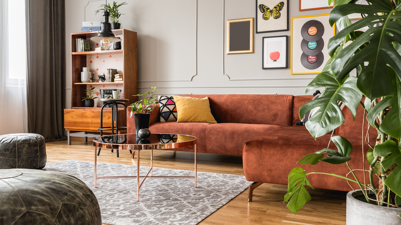 Eclectic living room with sofa, shelf, plants, and wall decor