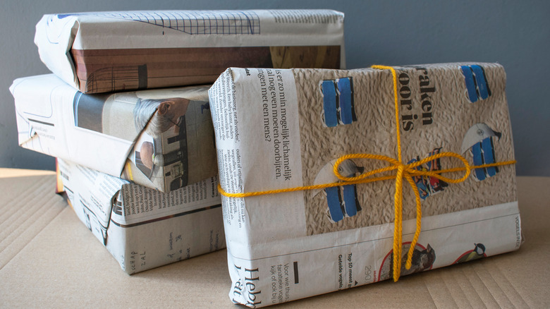 Gifts wrapped in newspaper