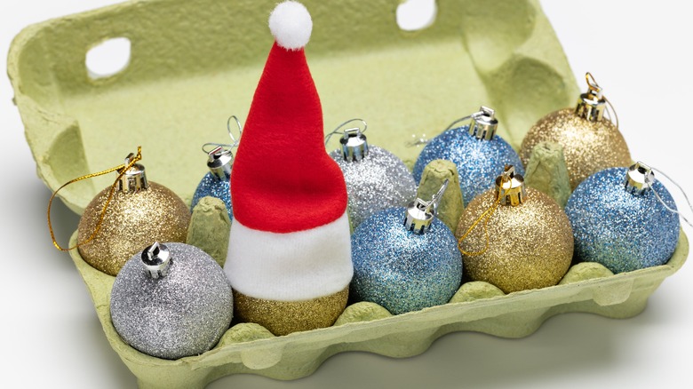 Holiday ornaments in egg carton