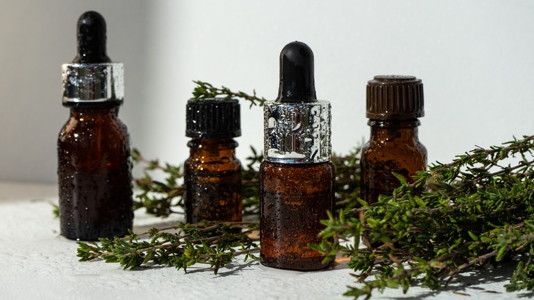 Thyme sprigs and essential oil