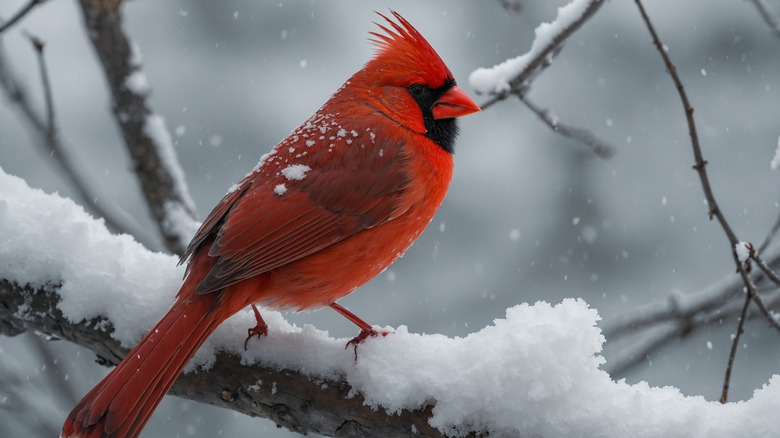 A cardinal rests on a snowy tree branch.