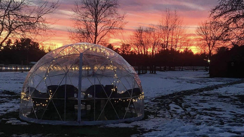 Popup igloo in snowy yard at sunset