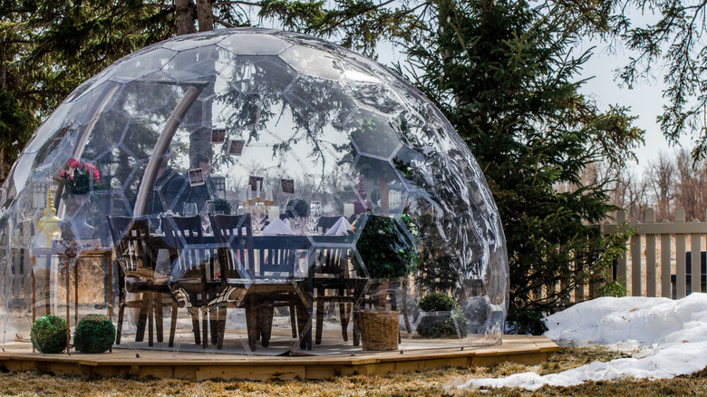 Popup igloo in snowy yard