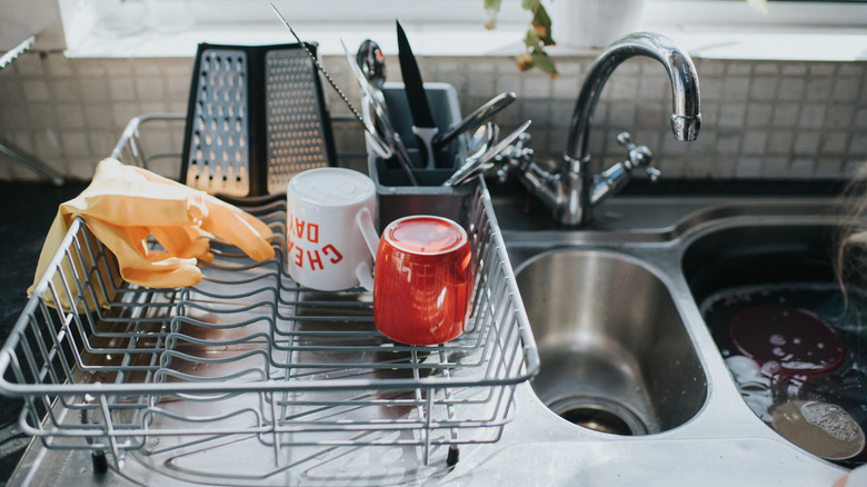 Dish rack next to sink