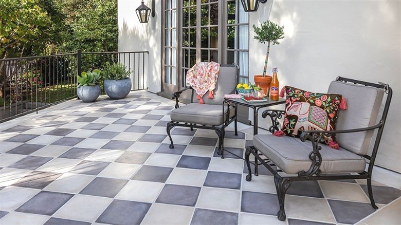 Patio area with checkerboard floor