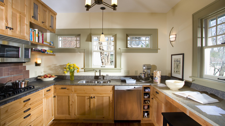 kitchen with warm-toned wood cabinets